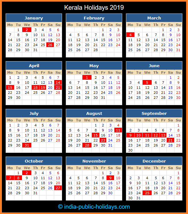 Kerala Holiday Calendar 2019